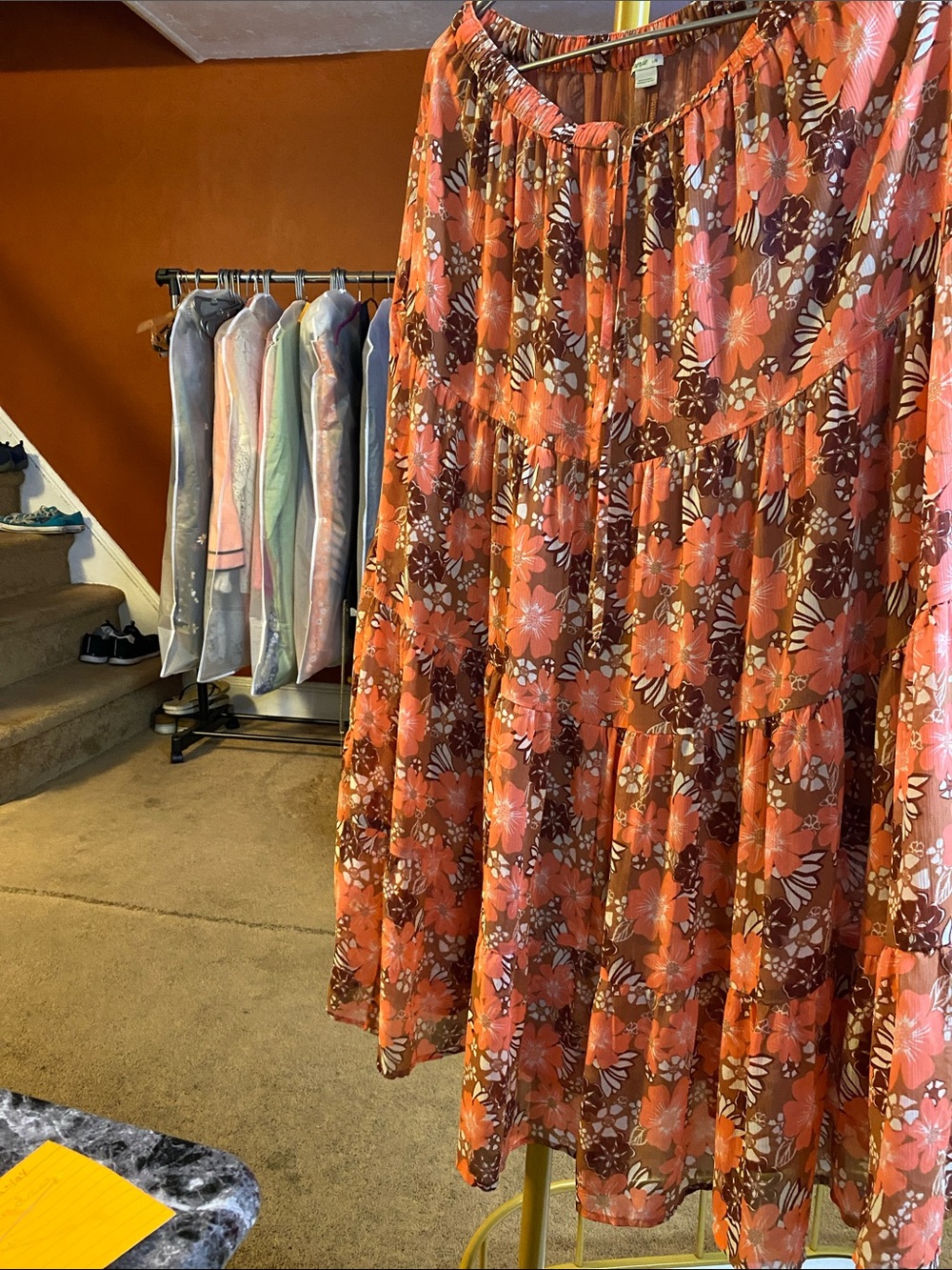 aerie Floral Tiered Midi Skirt in coral, white and Brown - Picture 2 of 6